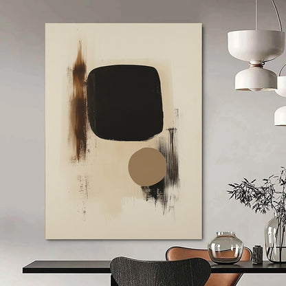 Large contemporary hand-painted abstract art featuring black shapes on beige background with a small brown form and organic brushstroke textures. DLZ1331