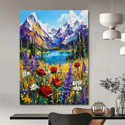 Contemporary hand-painted abstraction featuring vibrant British Columbia mountains snow-capped peaks lush forests and colorful wildflowers in an alpine meadow. DLZ1498
