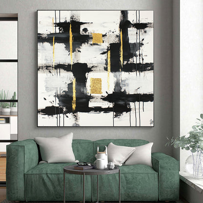 Black, White, Gold, Gray, Textured Blocks "Gilded Grid" Abstract Minimalist Painting On Canvas HB100