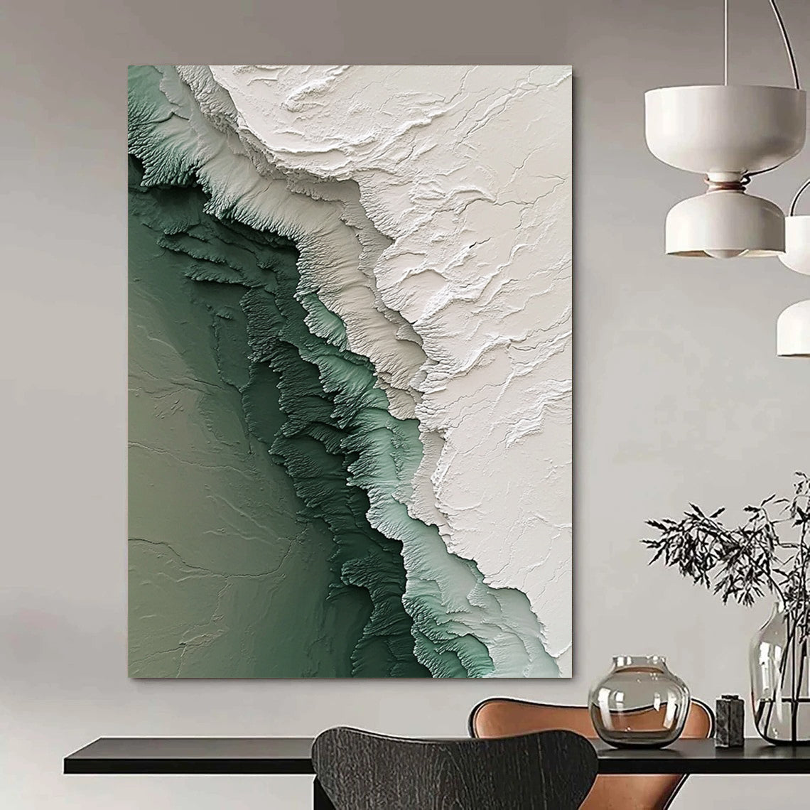 Contemporary hand-painted abstract art featuring intricate Antarctic ice textures with flowing icy streams in white green and gray tones. DLZ1180