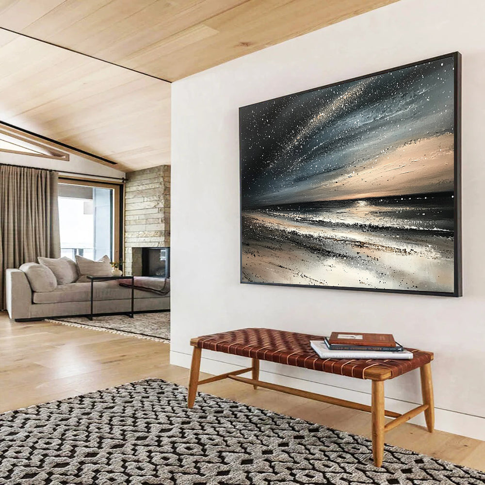 “Starry Night Beach” - Blacks, Whites, Grays, Beiges, Beach Under a Starry Sky - Impasto Oil Painting HB1741