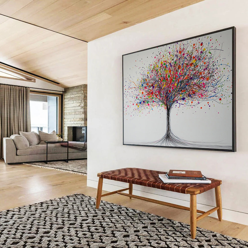 “Color Burst Tree” - Black branches, rainbow splatters, whimsical tree, Abstract Tree Painting On Canvas HB0588