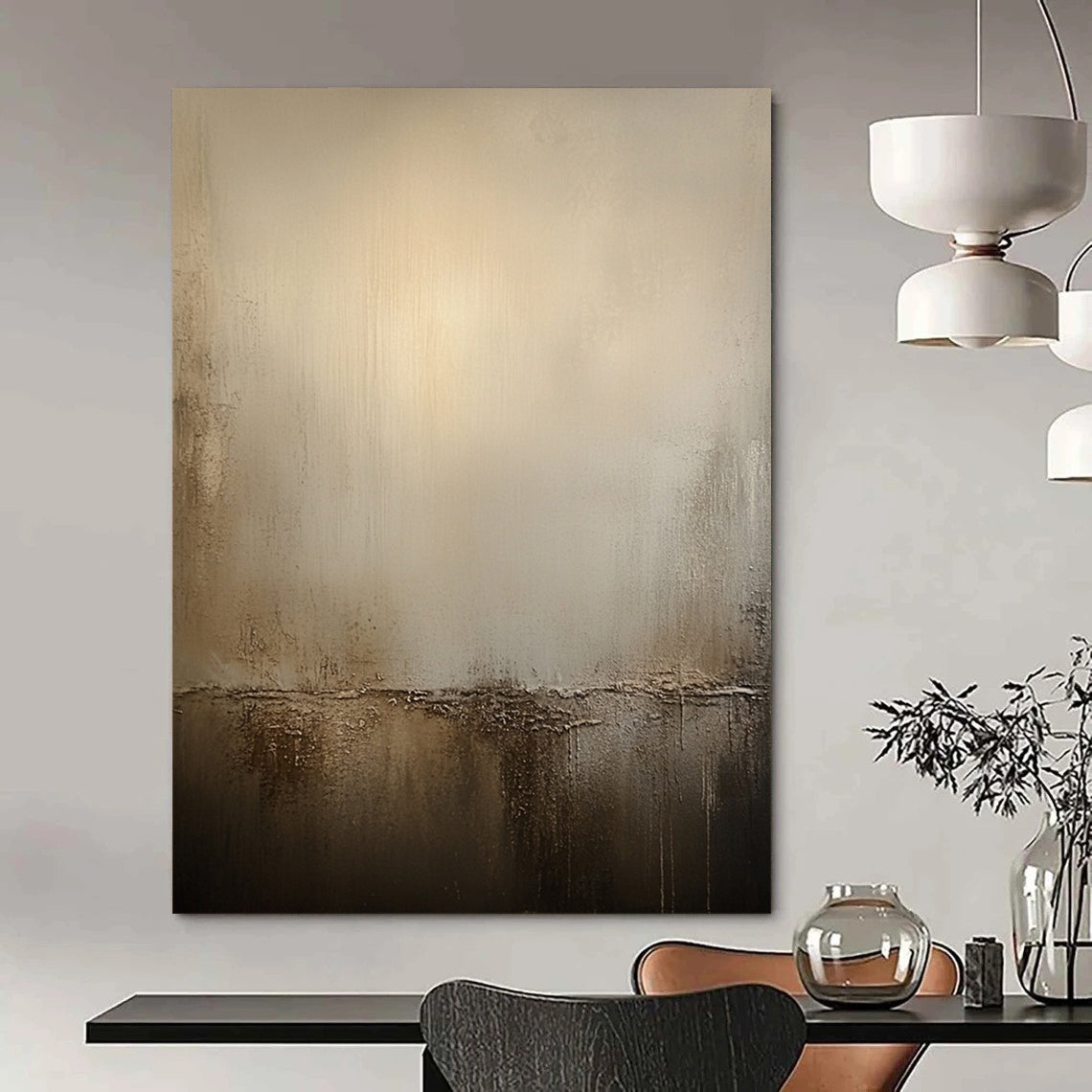 Large contemporary hand-painted abstract artwork in warm neutral tones featuring textured beige walls that evoke tranquility and depth without clear outlines. DLZ0988