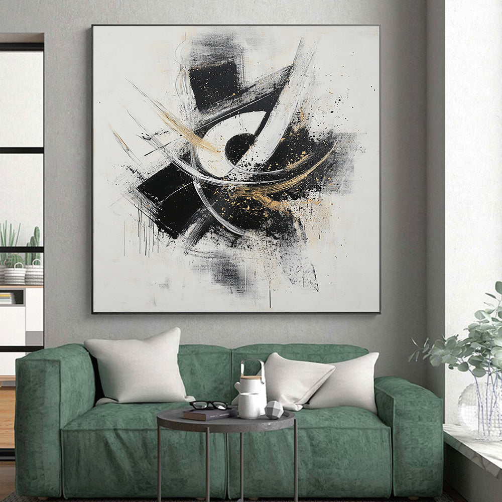 Black, White, Gray, Gold, Dynamic Swirls "Gilded Motion" Abstract Expressionist Painting On Canvas HB071