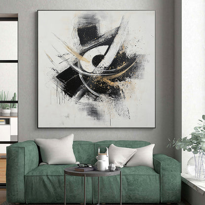 Black, White, Gray, Gold, Dynamic Swirls "Gilded Motion" Abstract Expressionist Painting On Canvas HB071