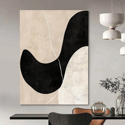 Contemporary abstract artwork featuring beige and black tones minimalist design hand-drawn lines soft edges balanced composition with depth and white line accents. DLZ0790
