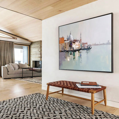 “Venice Impression Abstract” - Beige, Blue, Orange with Venice Scene - Painting On Canvas HB1403