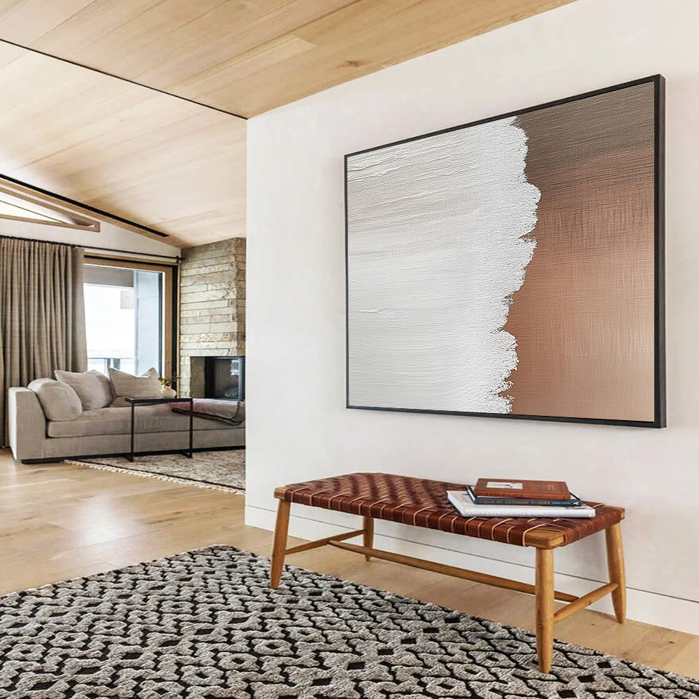 “White and Warm Brown Textured Split” - Minimalist Abstract Painting On Canvas HB0509