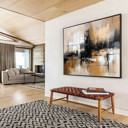 “Brown and Gray Abstract Cityscape” - Brown, gray, white, black; Abstract cityscape with a moody atmosphere; Acrylic Painting On Canvas HB1264