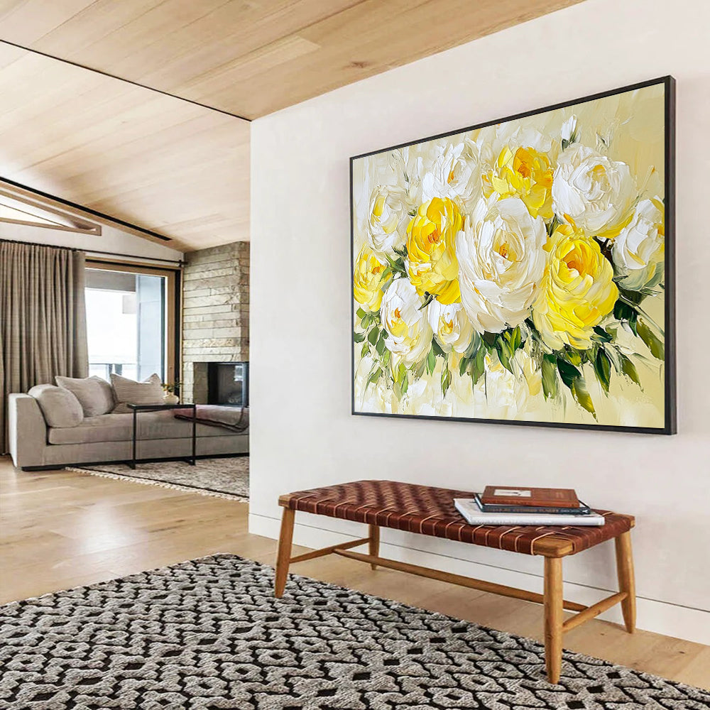 “Yellow - White Peony Bouquet” - Yellow, White, Green, Thick - textured Peony Bouquet - Impasto Oil Painting HB1778