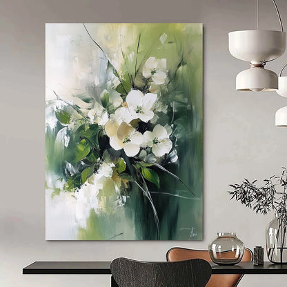 Contemporary abstract painting features white flowers and green leaves with a luminous palette and blurred edges on a neutral green background. DLZ0670