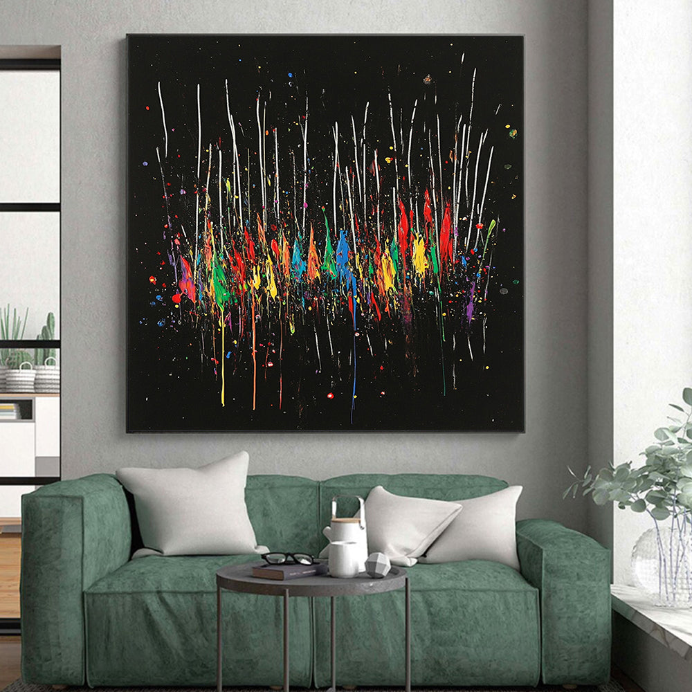 Black, Colorful Drips, White Streaks "Rainbow Cascade" Abstract Painting On Canvas HB024