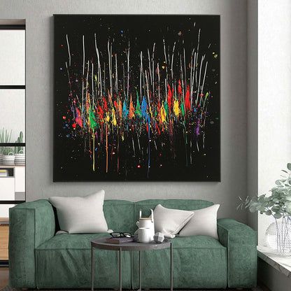 Black, Colorful Drips, White Streaks "Rainbow Cascade" Abstract Painting On Canvas HB024