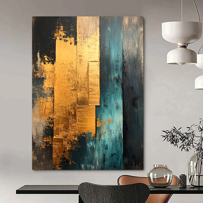 Contemporary abstract painting features gold teal and beige with gold foil edges showcasing layered architectural elements for unique texture and depth. DLZ0851