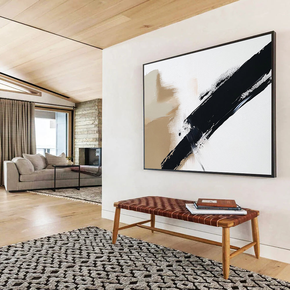 “Beige - Black Diagonal Brushstroke” - Beige, Black, Dynamic Stroke Painting On Canvas HB0802