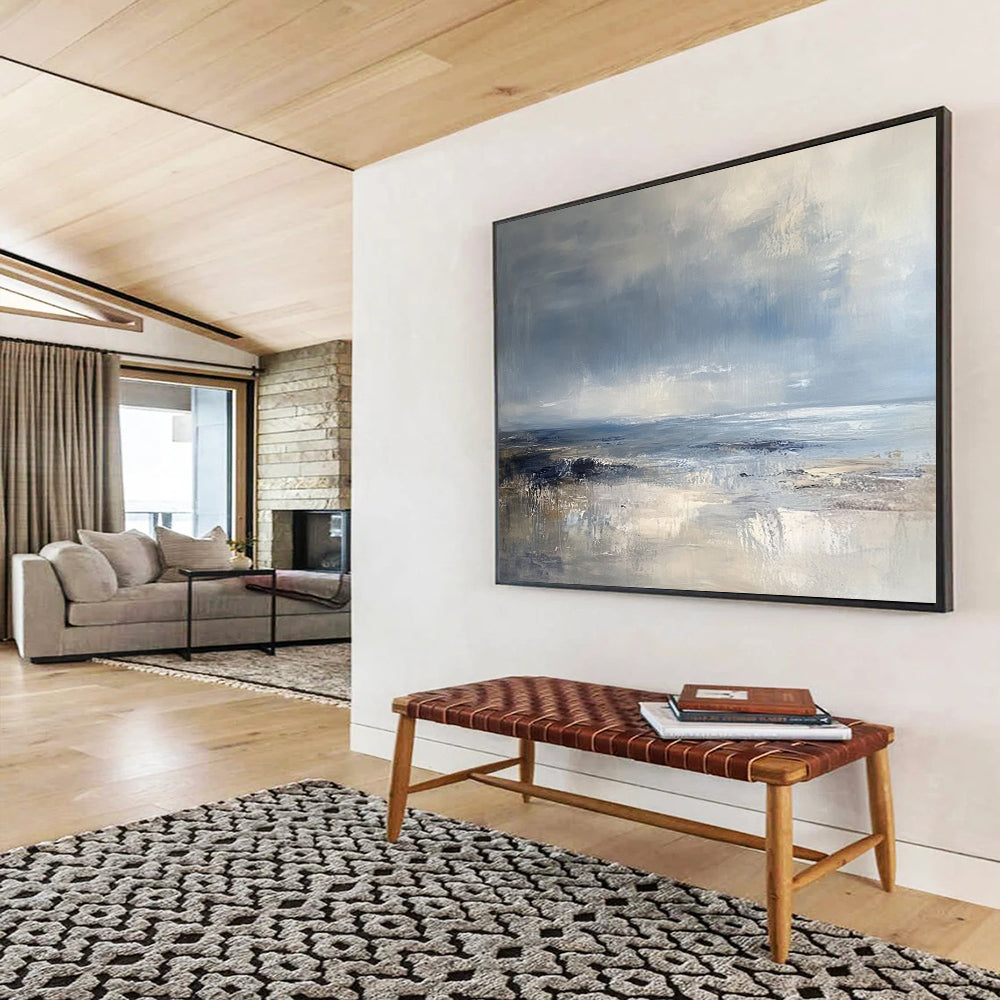 “Textured Coastal View” - Blue, Gray, Beige, Layered Seascapes and Dynamic Skies Painting On Canvas HB0921