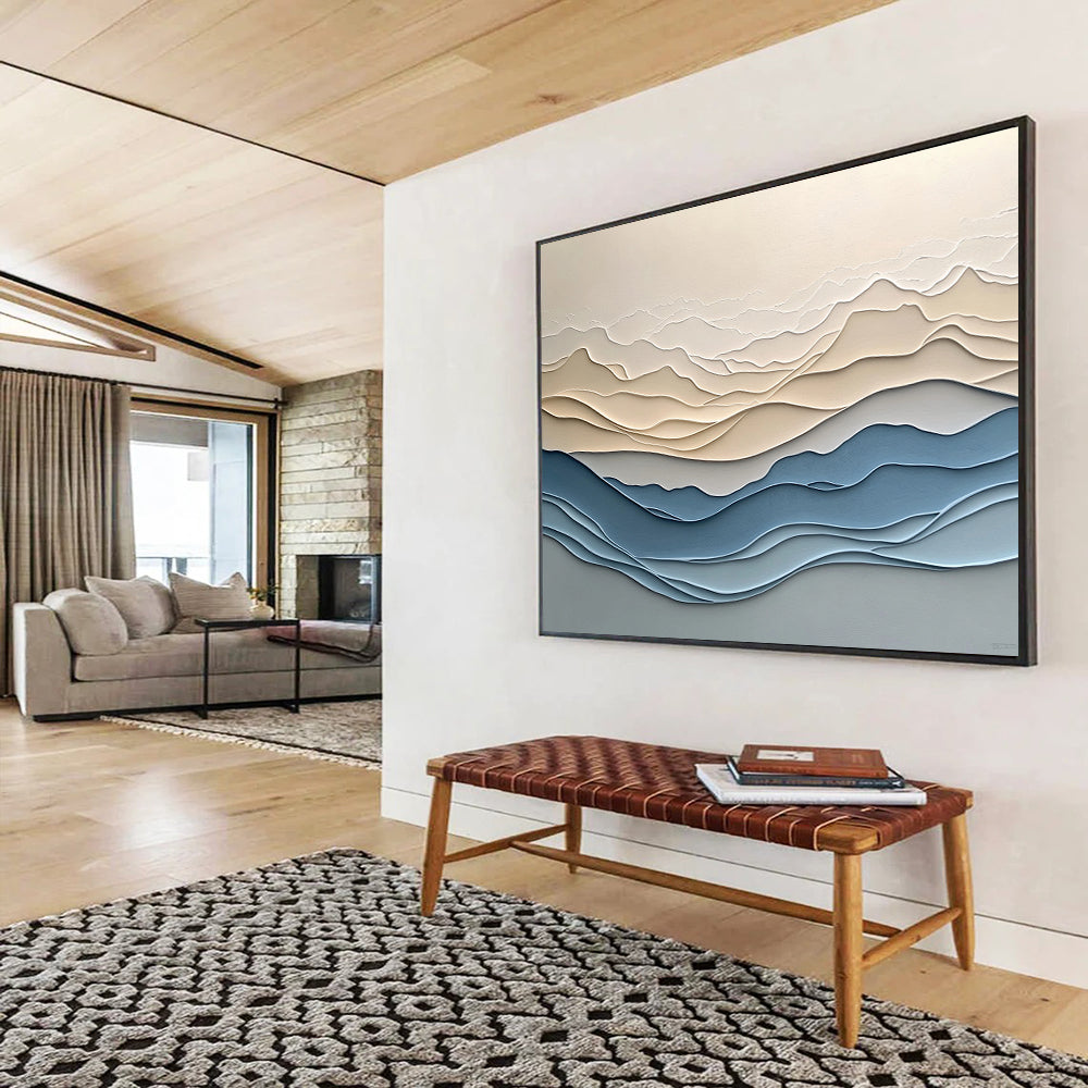 “Layered Mountain Waves” - Beige, Blue, Gray, Layered Wavy Mountain - Textured Relief Art HB1776