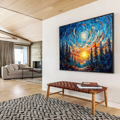 “Swirling Starry Forest” - Blue, Orange, Yellow, Abstract Starry Night Landscape Painting On Canvas HB1114
