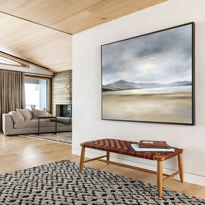 “Misty Coastal Landscape” - Gray, Beige, Minimalist Coastal Painting On Canvas HB0699