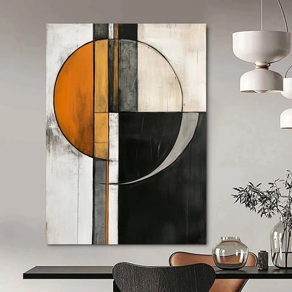 Contemporary abstract artwork featuring geometric shapes in orange, gray, and white on a striking black and white background. DLZ1017
