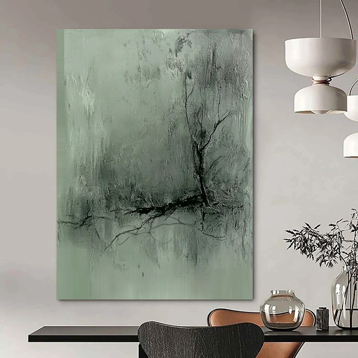 Contemporary hand-painted abstract art features a gray-green textured background with dark lines and a blurred silhouette, evoking a mysterious atmosphere with delicate brushwork. DLZ0504