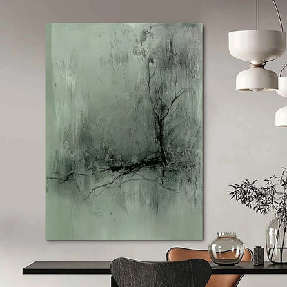 Contemporary hand-painted abstract art features a gray-green textured background with dark lines and a blurred silhouette, evoking a mysterious atmosphere with delicate brushwork. DLZ0504