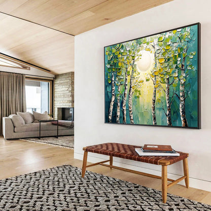 “Textured Forest Sunrise” - Green, Yellow, Blue, Textured Forest & Sun HB1133