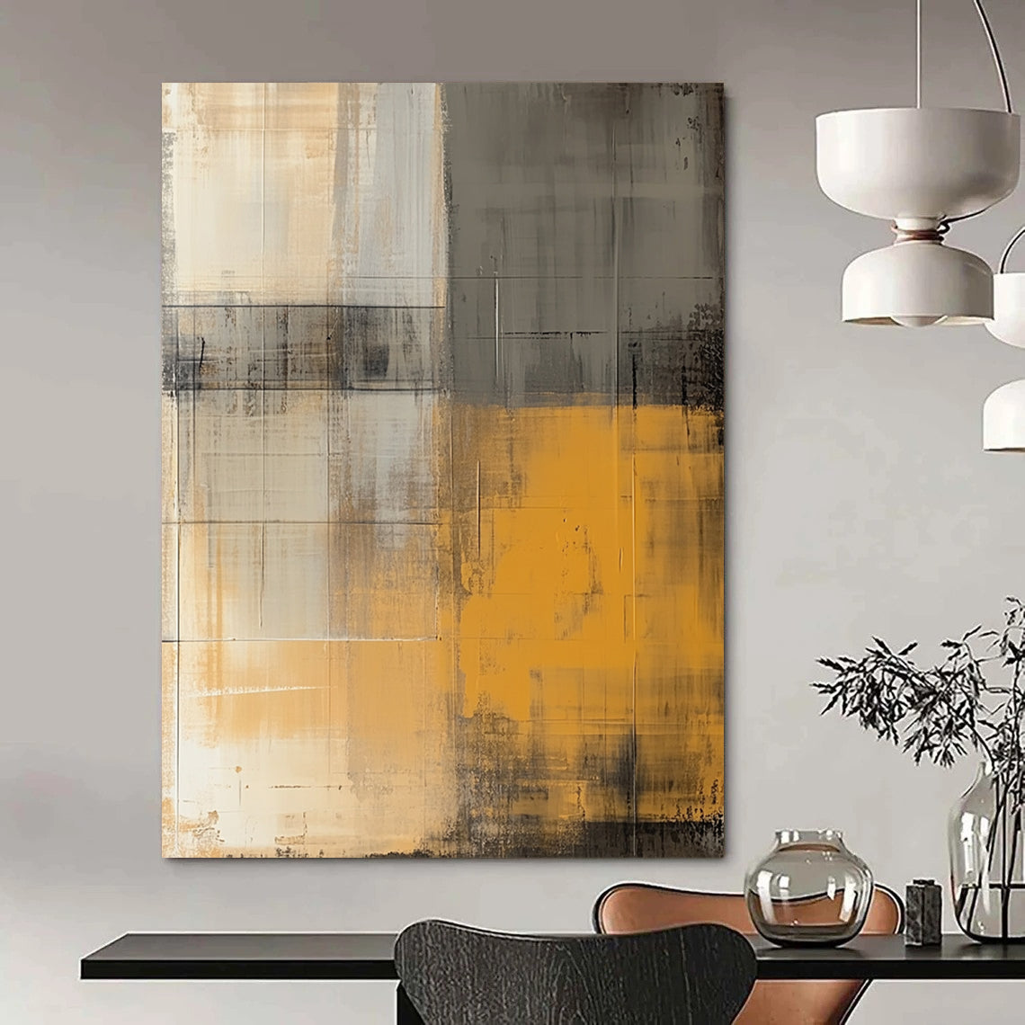 Contemporary abstract artwork featuring an urban city wall in muted yellow and beige hues with a textured vintage aesthetic inspired by Euan Uglow. DLZ0587