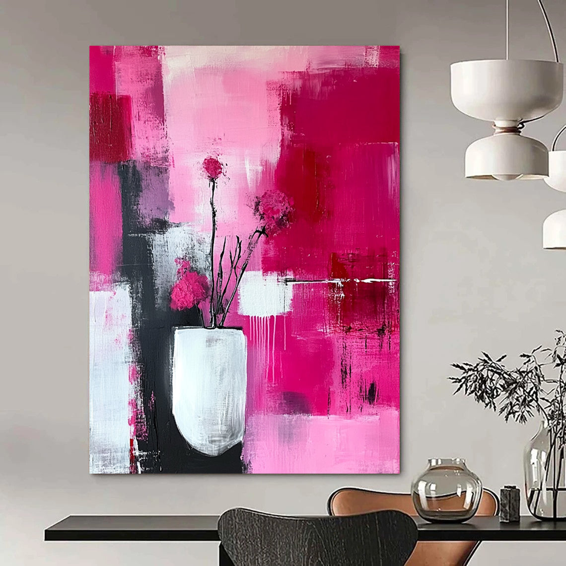Contemporary hand-painted abstract art featuring a pink and white color scheme with delicate brushstrokes and intricate patterns for an ethereal aesthetic. DLZ0718