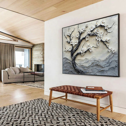 “White Blossom Tree Relief” - Whites, Grays, Textured Tree with Blossoms - 3D Relief Sculpture Painting HB1740