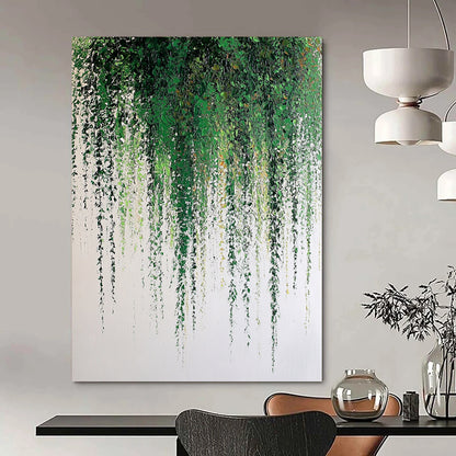 Large contemporary hand-painted abstract artwork featuring a weeping willow with green leaves and soft textures against a white background. DLZ1707