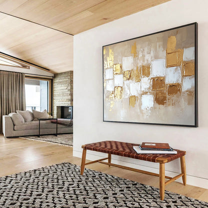 “Gold and Beige Geometric Abstract” - Gold, Beige, Geometric Textured Shapes Painting On Canvas HB0885