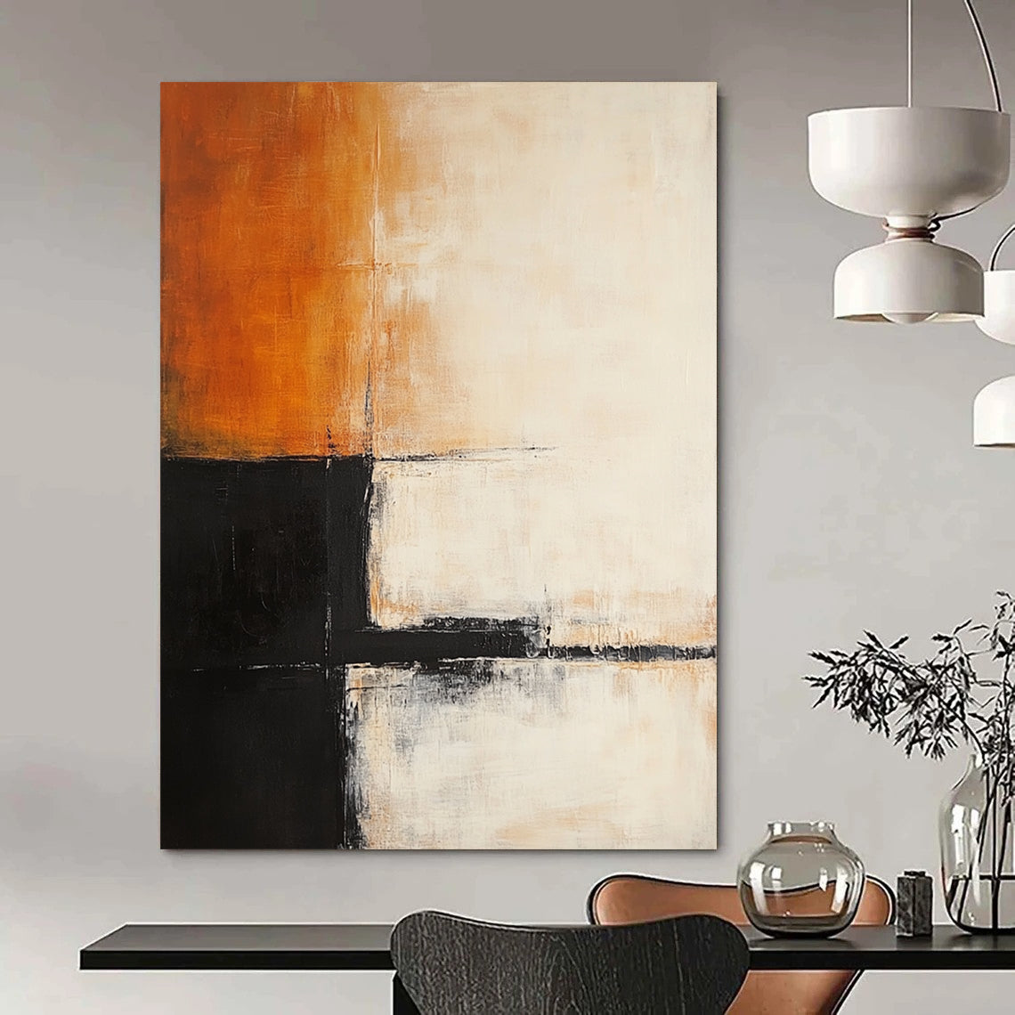 Contemporary abstract painting features soft orange, white, and black layers with architectural-like dark lines, creating depth in a minimalist style. DLZ1043