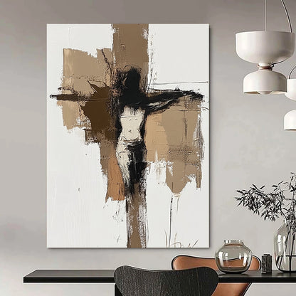 Contemporary abstract painting featuring earthy tones with a minimalist depiction of Jesus on the cross on a white background. DLZ0872
