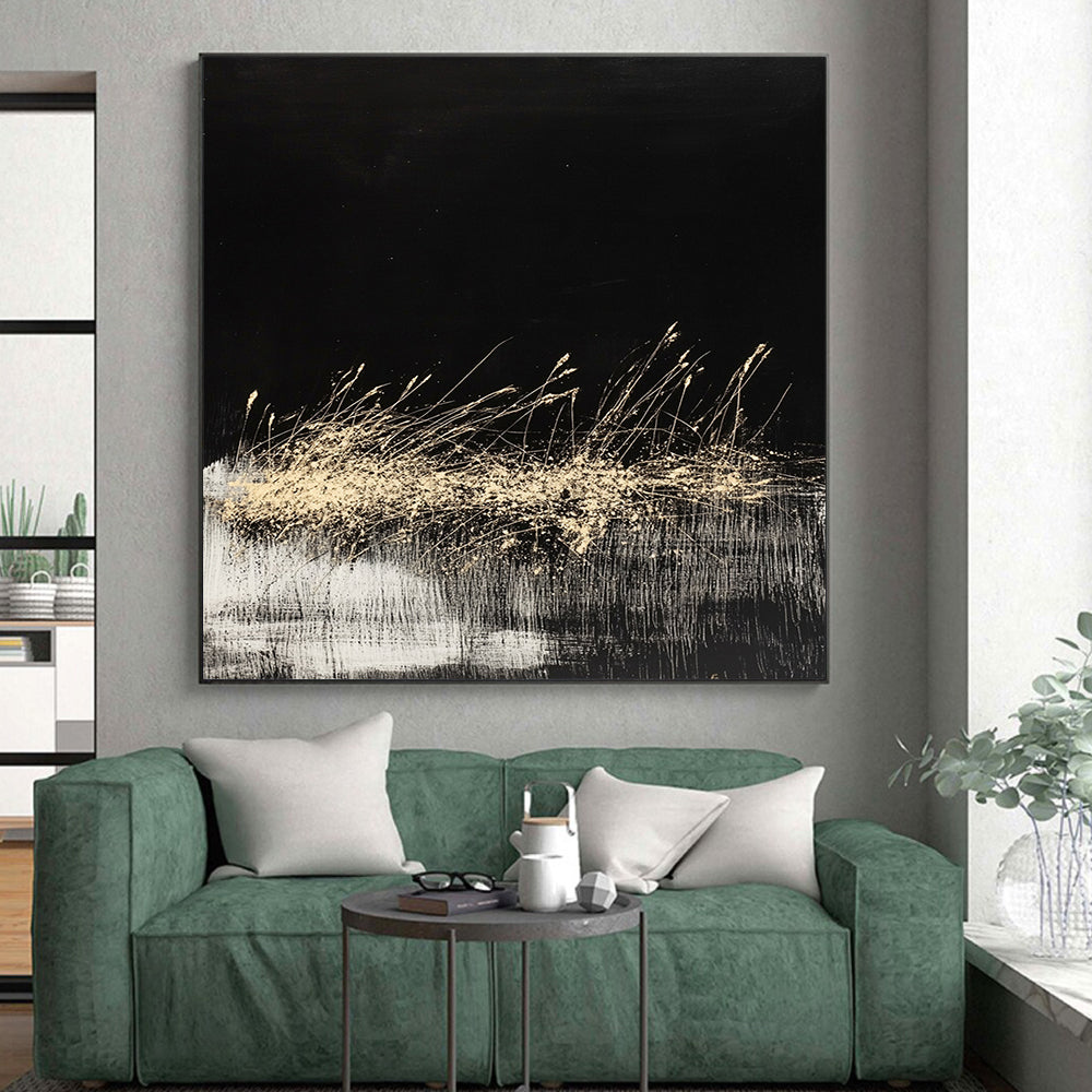 Black, Gold, White, Grass - like Swirls "Midnight Meadow" Abstract Modernist Painting On Canvas HB084