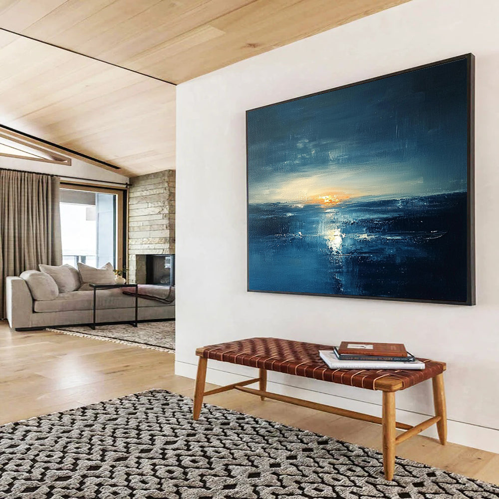 “Dark Blue Sunset Seascape” - Dark Blue, Orange, White, Dramatic Seascape Painting On Canvas HB1012