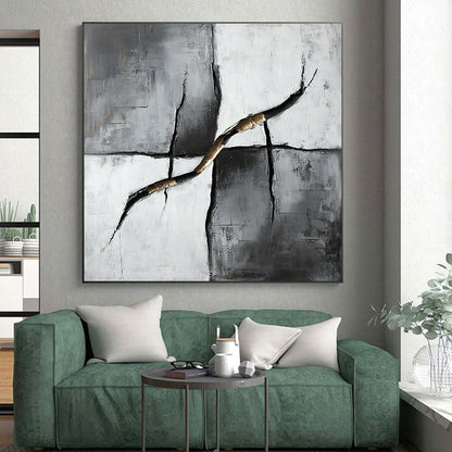 Gray, Black, White and Gold Kintsugi - Inspired "Golden Repair" Painting On Canvas HB359