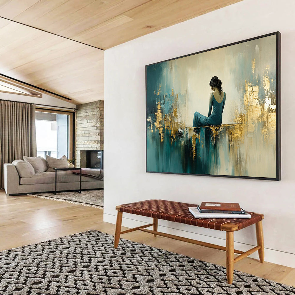 “Elegant Figure in Teal - Gold Abstract Space” - Teal, Gold, Figure, Abstract Figurative Painting On Canvas HB1106