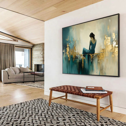 “Elegant Figure in Teal - Gold Abstract Space” - Teal, Gold, Figure, Abstract Figurative Painting On Canvas HB1106