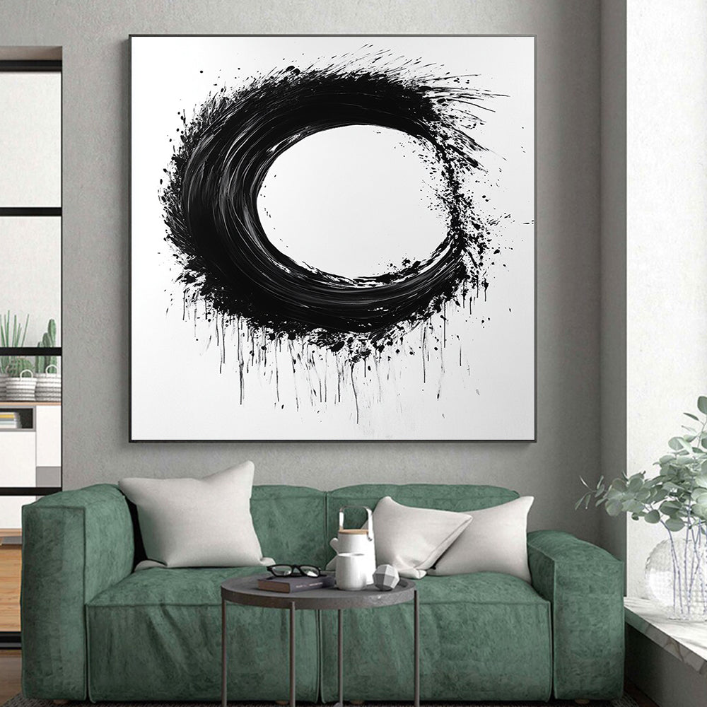 Black and White Splattered Circle "Energetic Enso" Painting On Canvas HB259