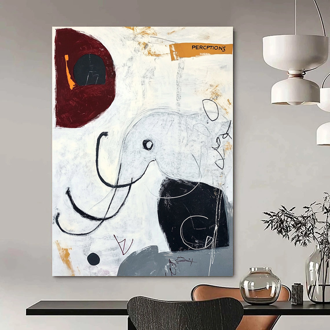 Contemporary hand-painted abstract art featuring an elephant in black lines and circles with a modern surrealistic style that evokes happiness. DLZ1071