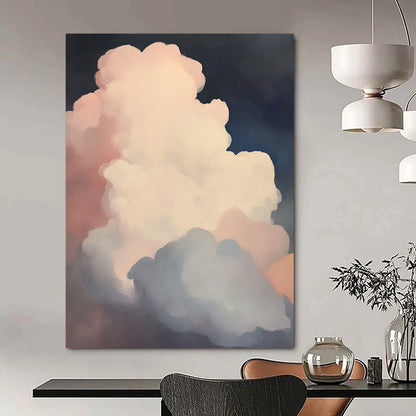 Contemporary hand-painted abstract art featuring puffy white clouds in soft pink and blue against a dark, low-contrast background. DLZ1092