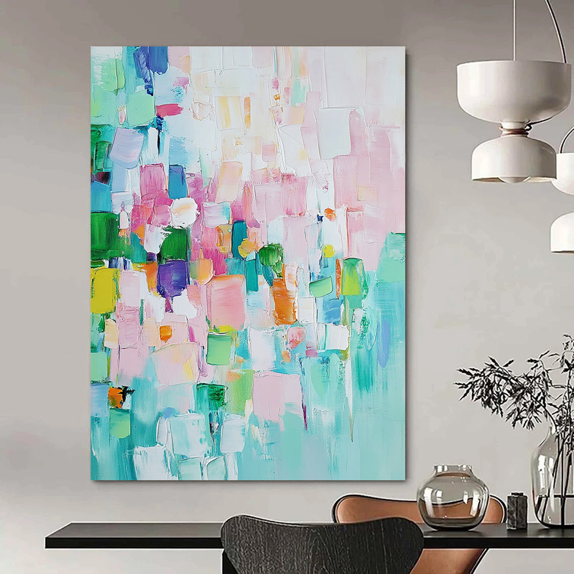 Contemporary hand-painted abstract art featuring pastel colors and textured oil paint showcasing harmonious shapes and contrasting geometric blocks for depth and interest. DLZ0762