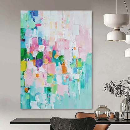 Contemporary hand-painted abstract art featuring pastel colors and textured oil paint showcasing harmonious shapes and contrasting geometric blocks for depth and interest. DLZ0762