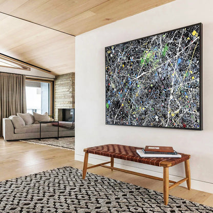 “Colorful Splatter Abstract” - Black, Colorful Splatters, White Lines - Painting On Canvas HB1433