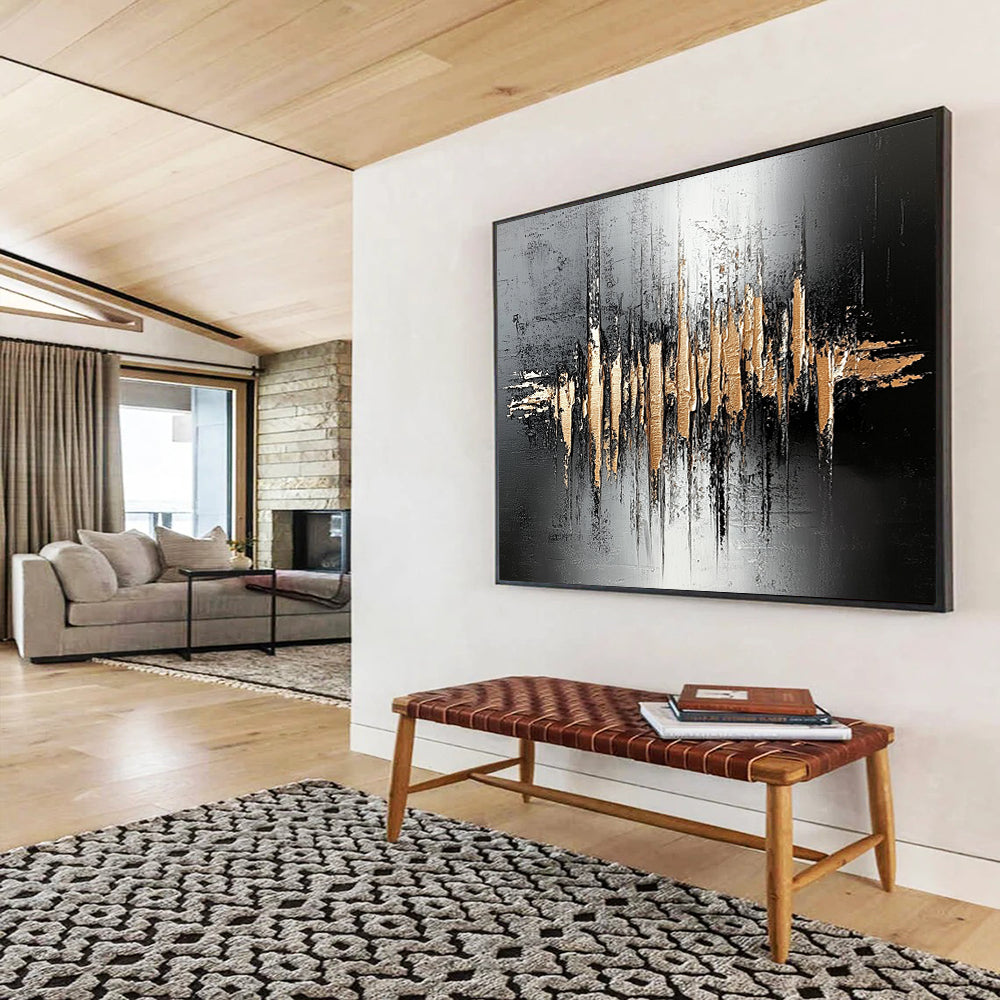 “Gold - Black Soundwave Textures” - Black, Gold, Soundwave Shapes Painting On Canvas HB0804