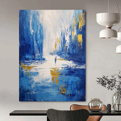 Contemporary abstract artwork featuring thick cold blue brush strokes depicting an icy cityscape with dynamic highlights and reflections on flowing water. DLZ0350