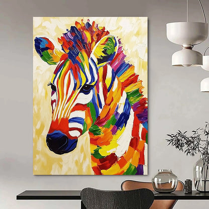 Vibrant contemporary abstract painting featuring a textured zebra on a beige background radiating cheerful energy and bold colors. DLZ1401