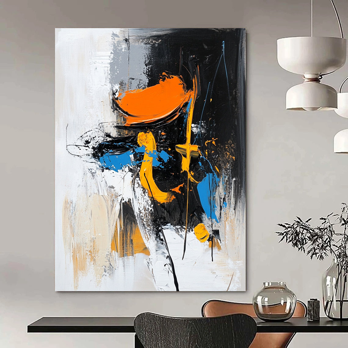 Contemporary abstract painting featuring a figure in motion with an orange hat and black boots set against dynamic brush strokes and vibrant colors. DLZ0868