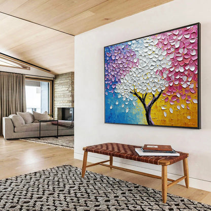 “Rainbow Blossom Tree” - Vivid blues, purples, whites, pinks, yellows; Textured flower tree; Impasto Landscape Painting On Canvas HB1161